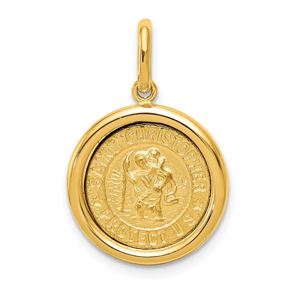 14K Yellow Gold Polished And Satin Solid St Christopher Medal Round Pendant