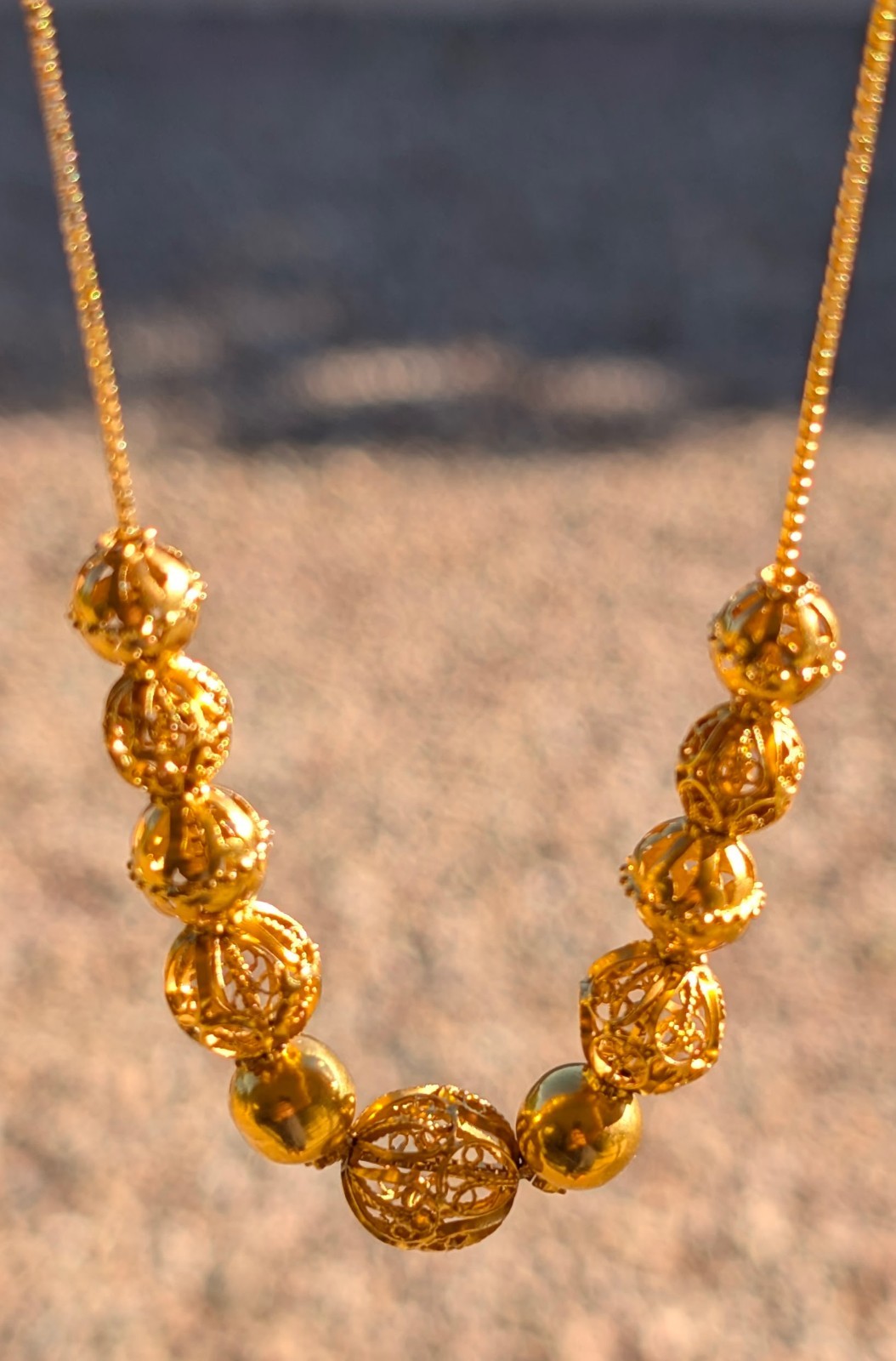 18k and 21k yellow gold filigree faceted balls bead necklace 23.5 ” ttl wt 12g