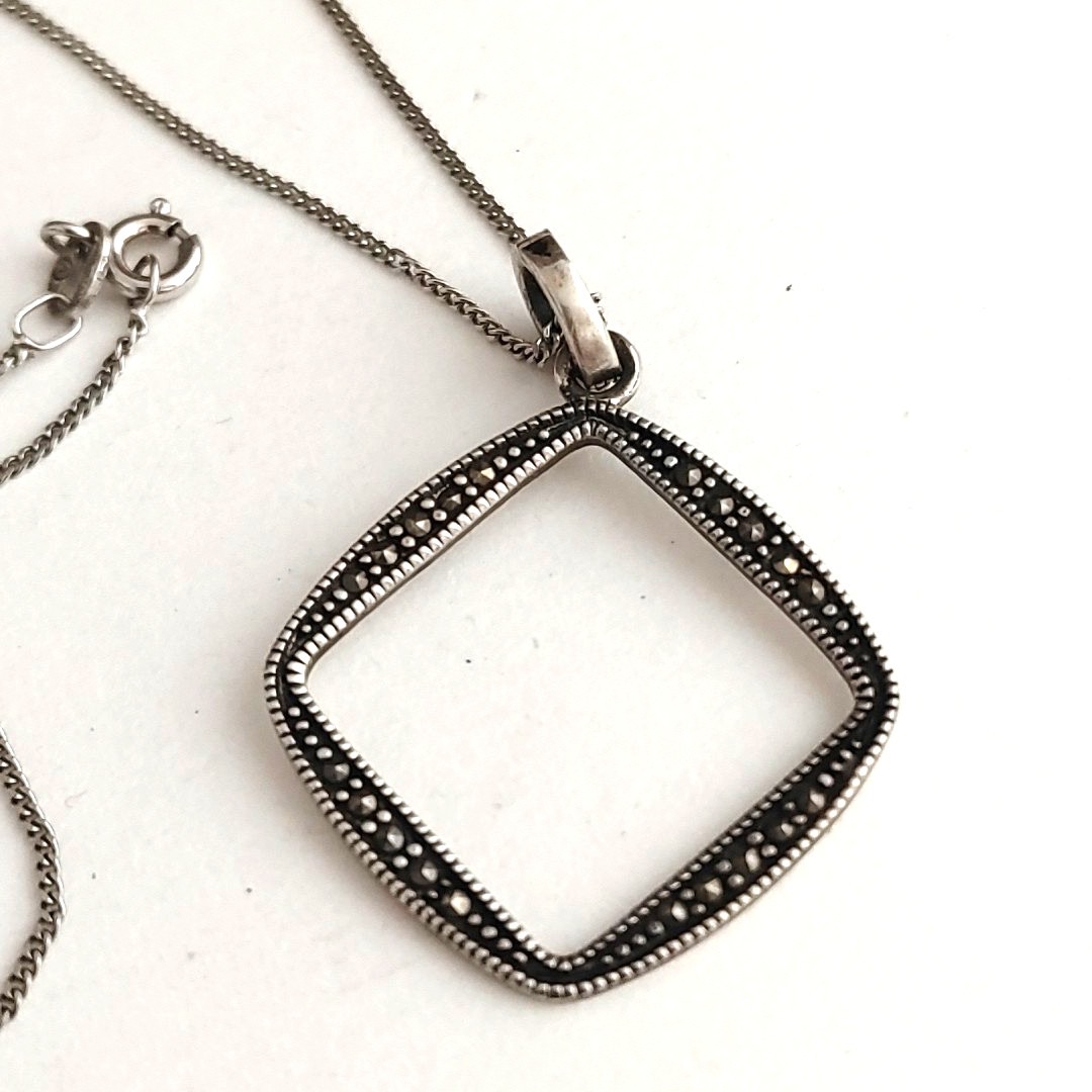 Sterling Silver Marcasite Pendant Necklace Open Square Bohemian Thailand 18”