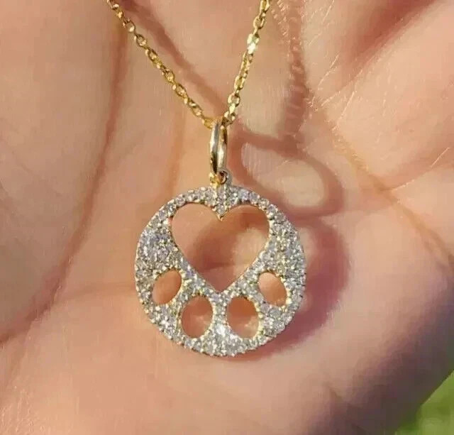 1.50 Ct Round Cut Real Moissanite Paw Pendant Necklace 14K Yellow Gold Plated
