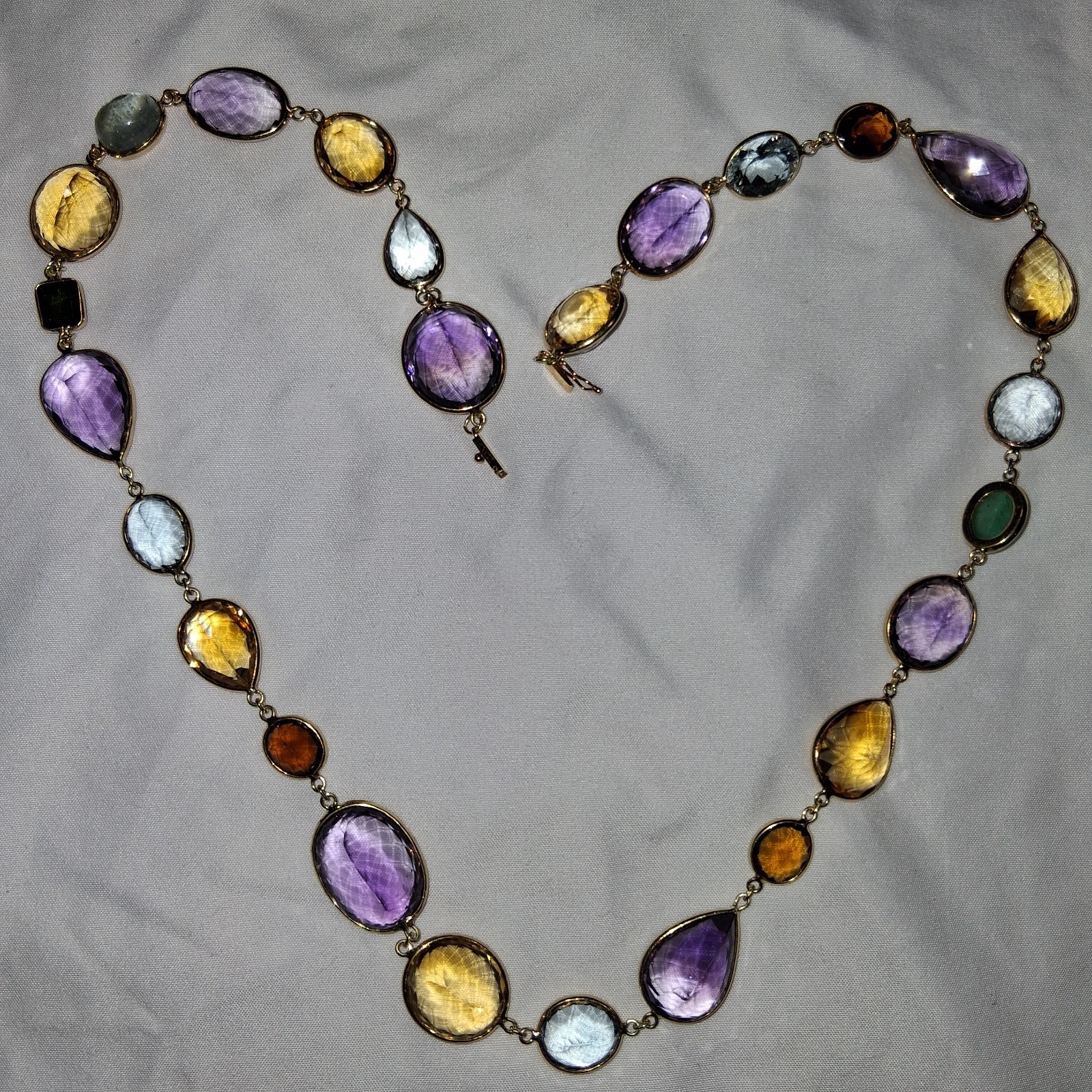 18k Yellow Gold multi color shape stone long necklace