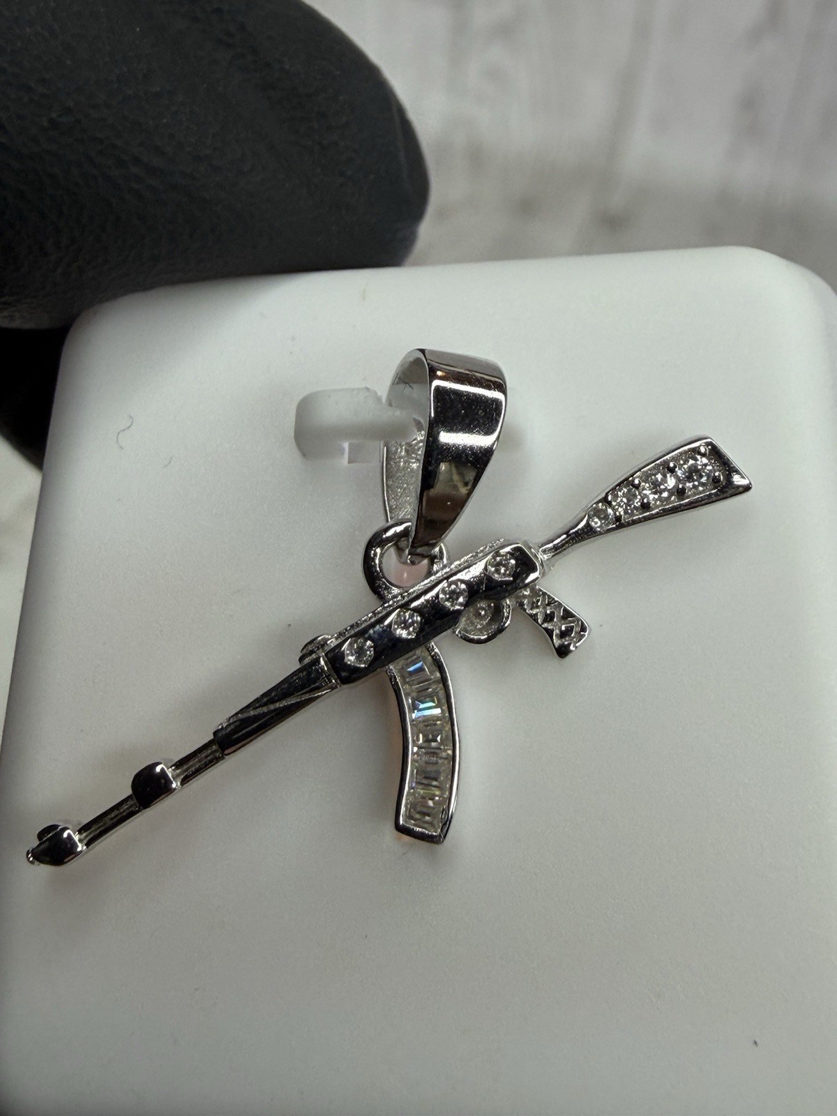 925 Sterling Silver White/Colorless Moissanite AK-47 Rifle Charm Pendant 0.50CTW