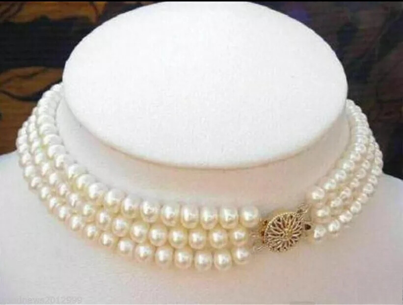 Charming Natural South Sea Triple Strands 8-9MM White Pearl Choker Necklace 14K