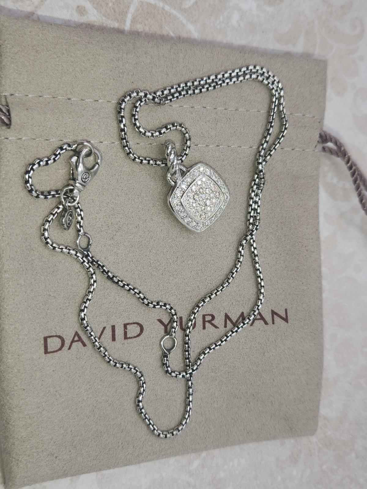 David Yurman 925 Sterling Silver Pavé Diamond Square albion 14mm Necklace 20″