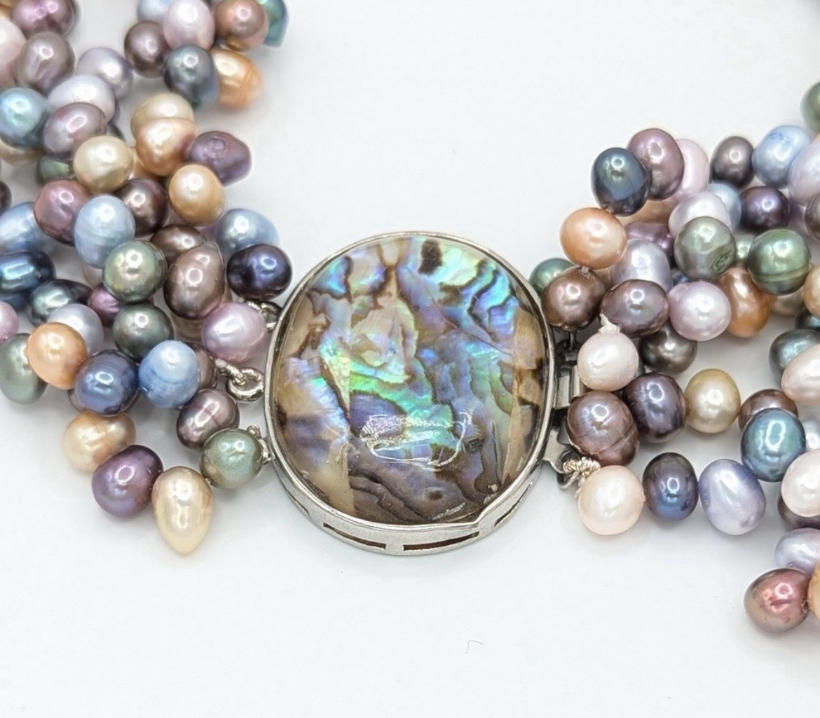 Unbranded Pastel Cultured Pearl Triple Strand Necklace With Abalone Clasp 17″