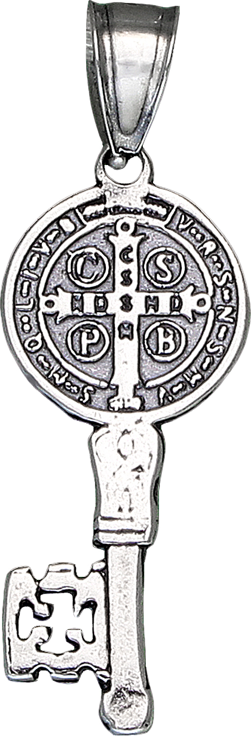 Sterling Silver Saint Benedict Key Medal Reversible Charm Pendant Necklace