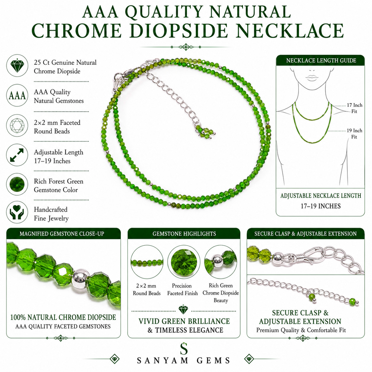 AAA Natural Chrome Diopside 925 Sterling Silver Beads Necklace 17-19″ P-810