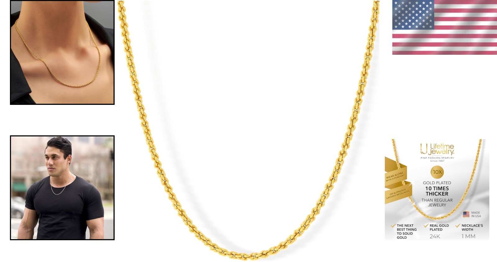 1mm 24k Gold Rope Chain Necklace – Luxurious & Durable Jewelry for All Occasions