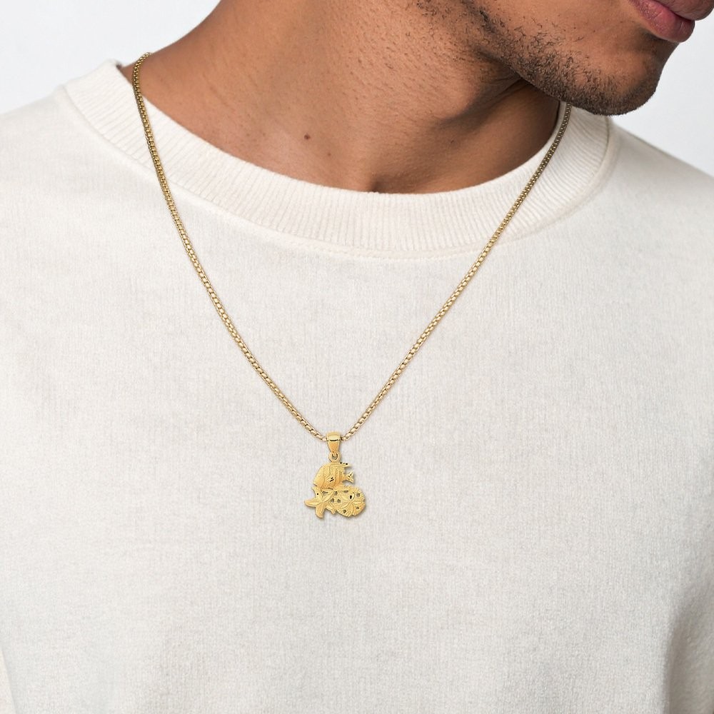 14K Solid Yellow Gold Medium Sea Life Pendant Necklace 23.5mm 0.9 inch Diamond