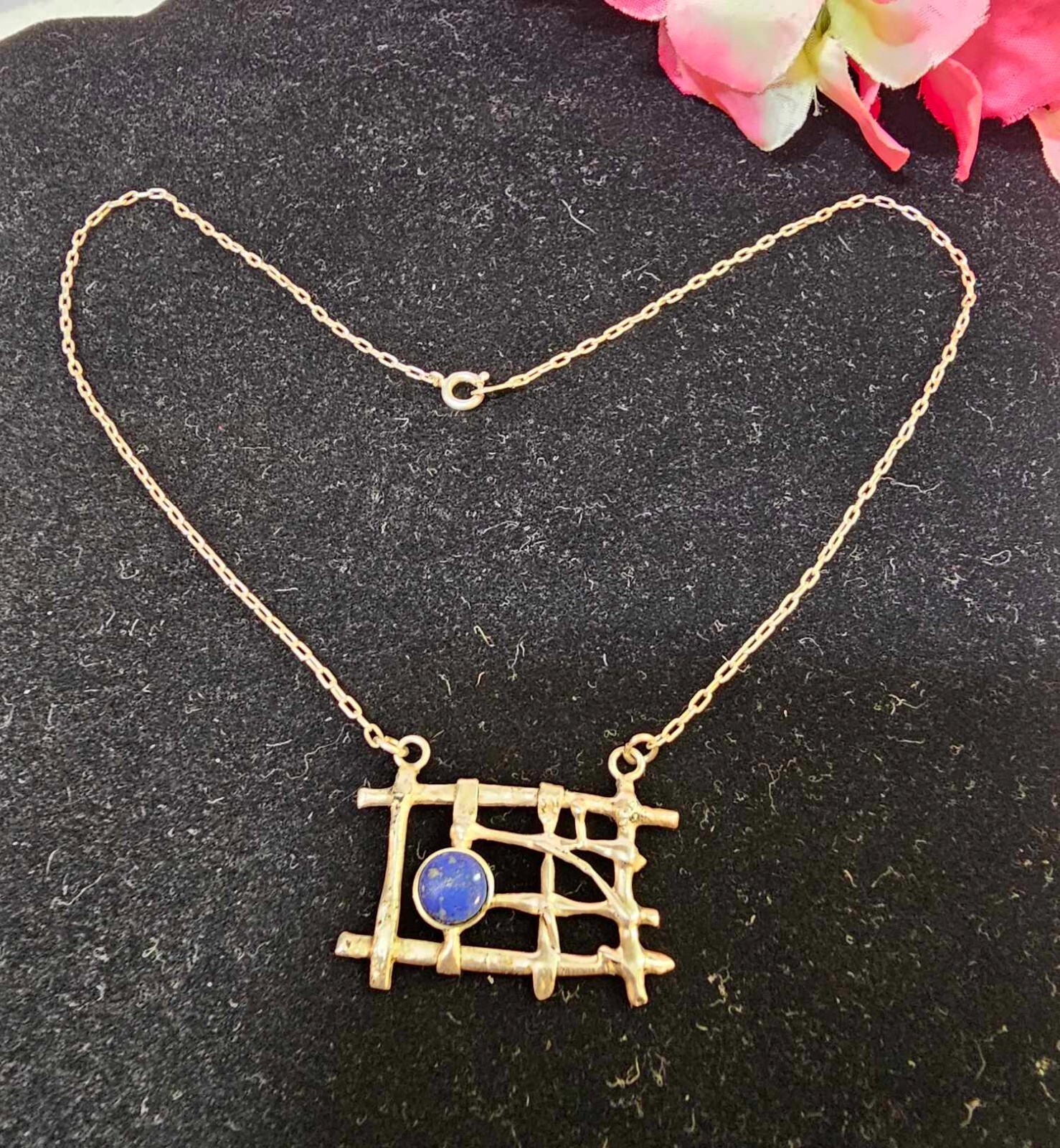 900 silver necklace w/ rectangular abstract pendant w lazuli lapis 16in”- B40
