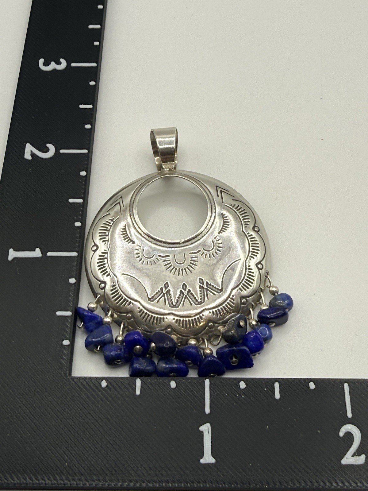 Southwestern Sterling Silver Pendant Quoc QT 925 Lapis Nugget Dangle Etched