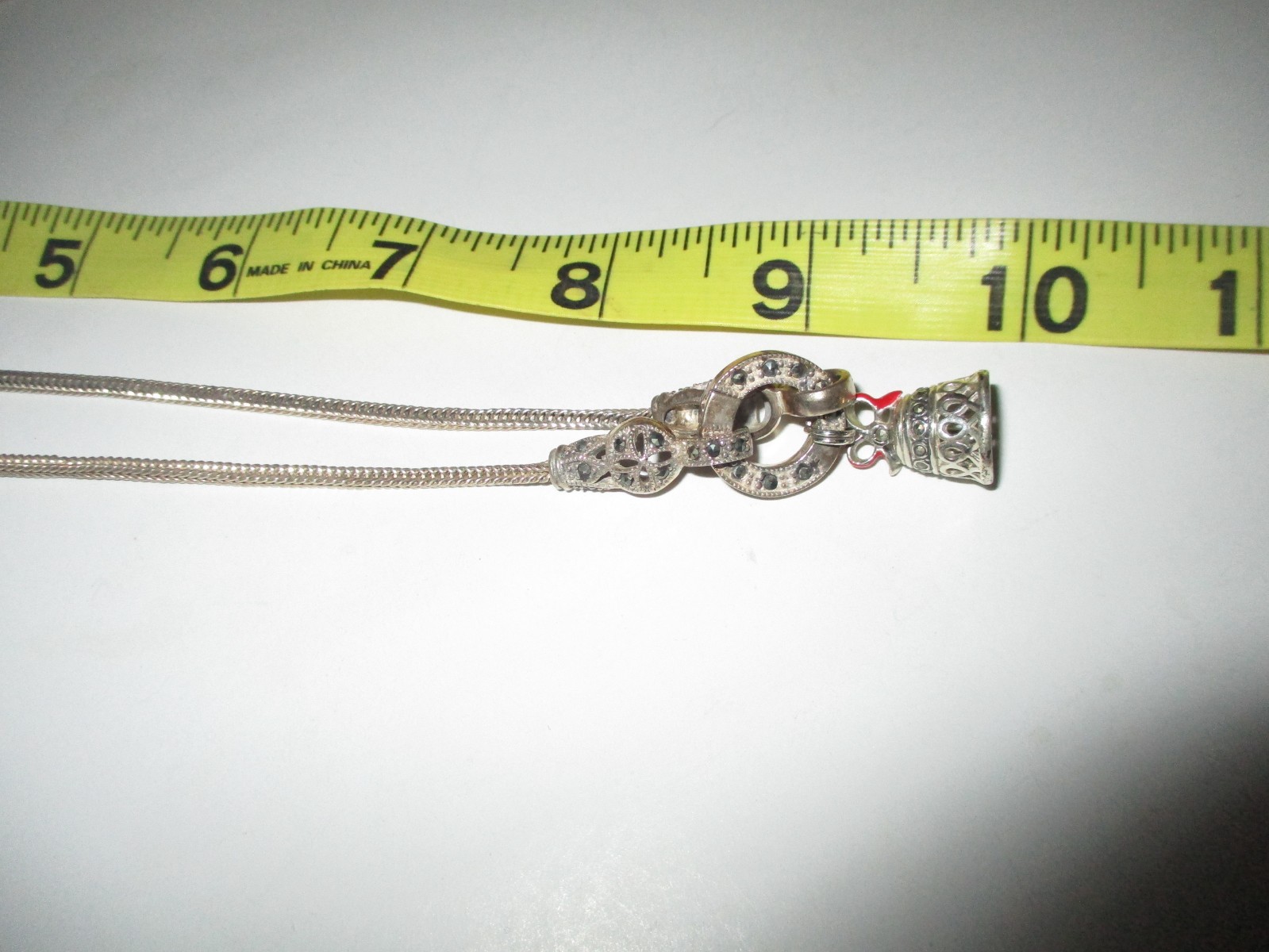 Sterling Silver 16″ Chain & Marcasite~29 Stones~ with Double Clasps + Bell Charm