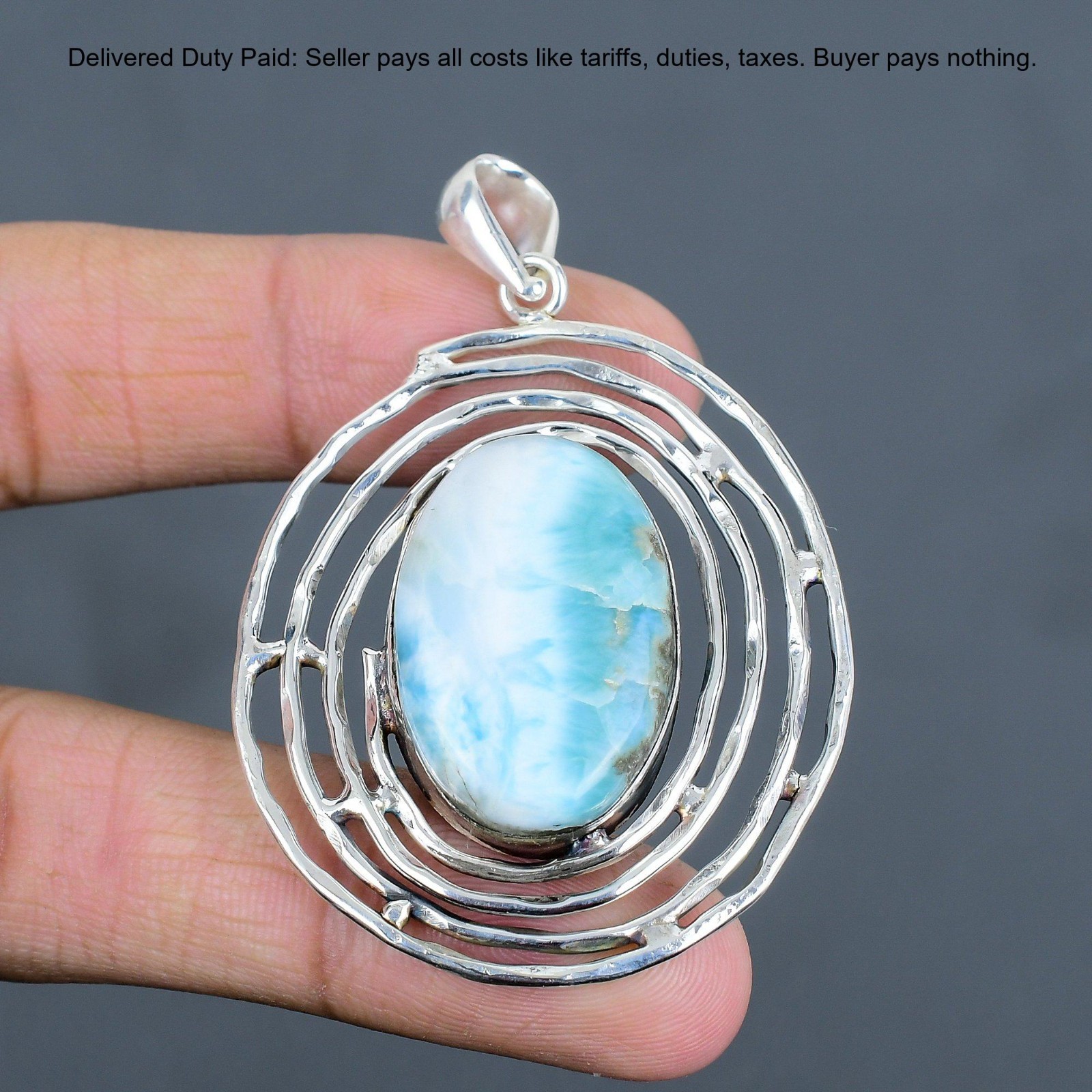 925 Sterling Silver Oval Larimar Gemstone Throat Chakra Birthday Sister Pendant