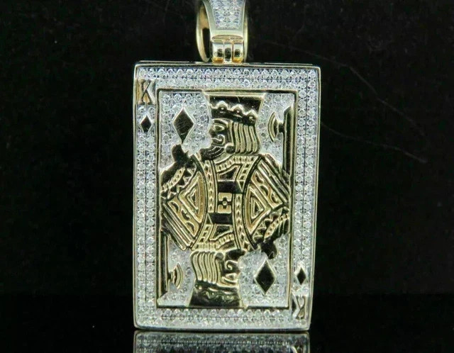 2.30Ct Round Real Moissanite King Card Poker Pendant Men 14K Yellow Gold Plated