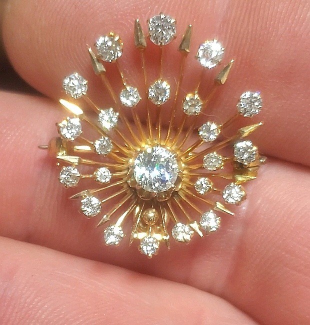Vintage Natural Diamond Sunburst Brooch Pin Pendant Yellow Gold