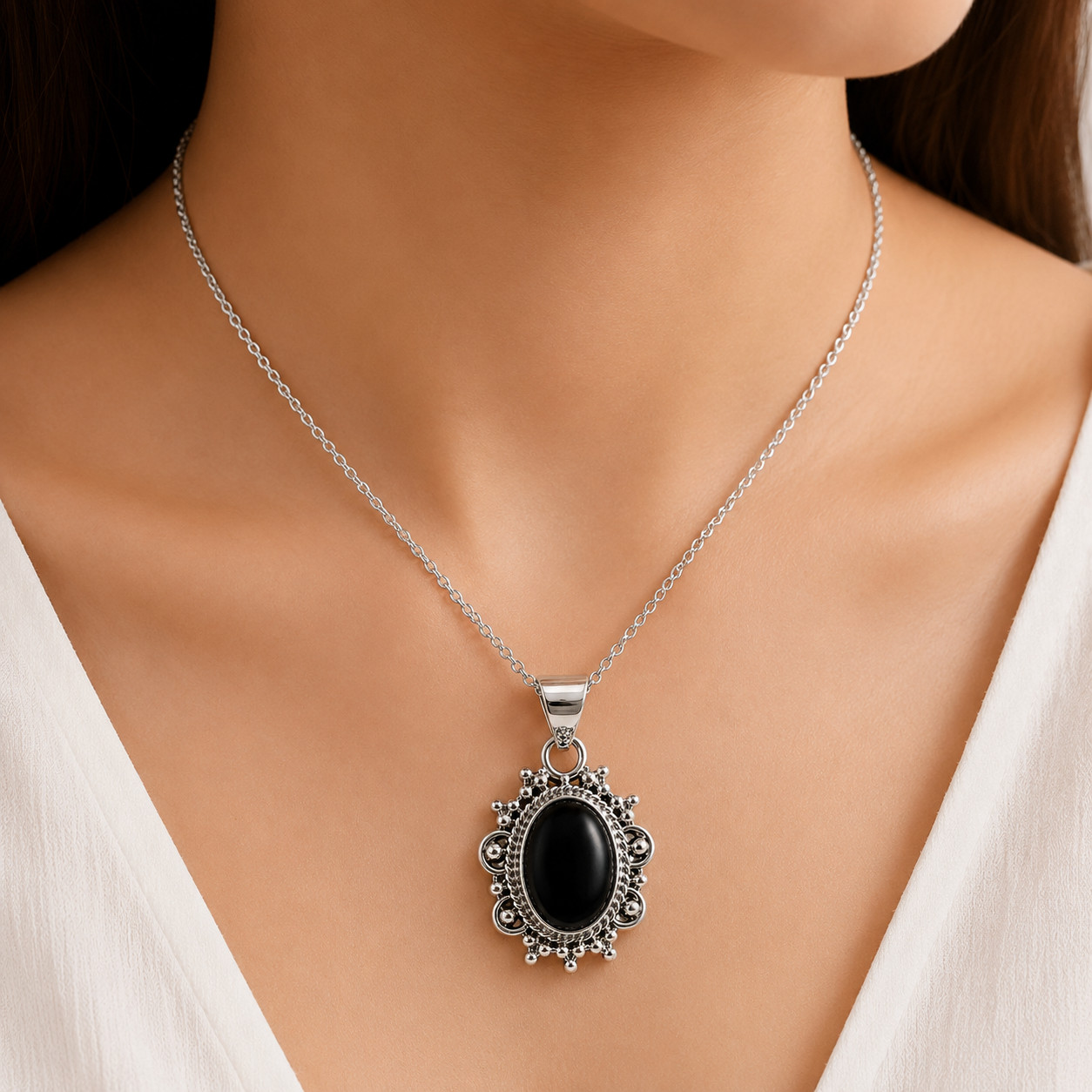 925 Sterling Silver Black Onyx Oval Pendant Necklace Vintage Handmade Women