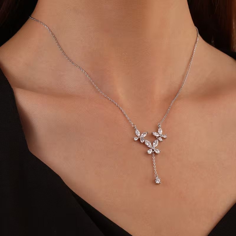 3.00Ct Marquise Cut Lab Created Diamond Flower Necklace In 14K White Gold Plated
