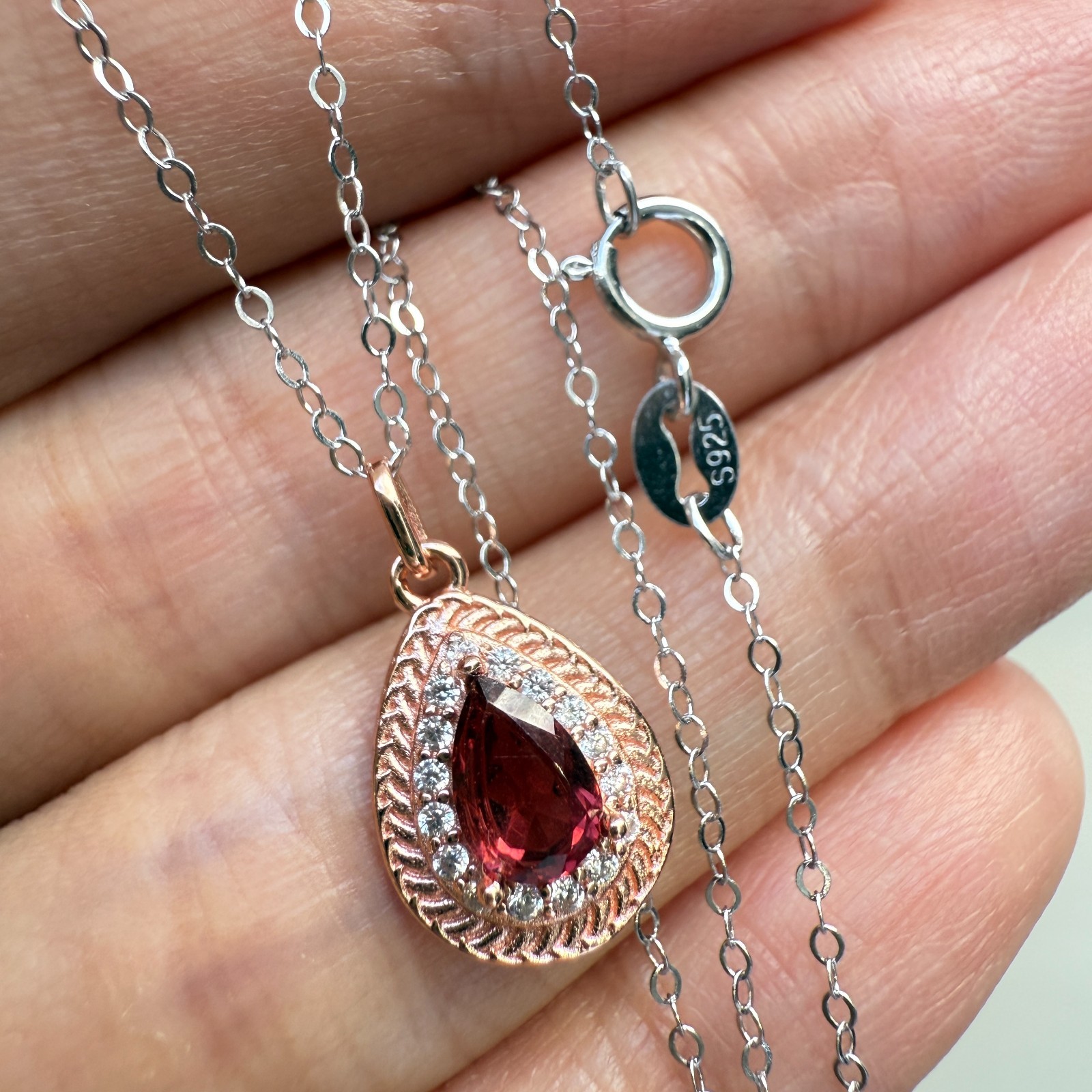 925 Sterling Silver Necklace 6x4mm Natural Garnet Gemstone Zircon Handmade Chain