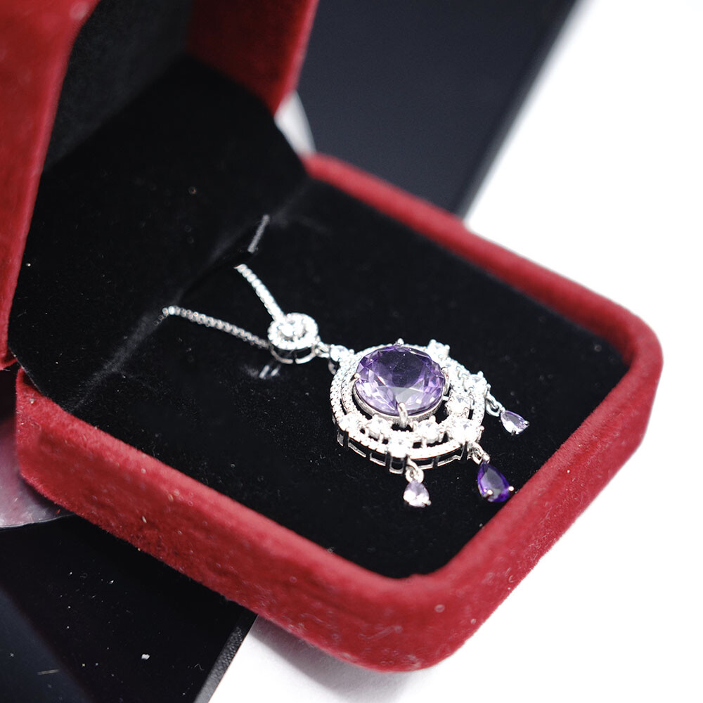 Genuine Real 925 Sterling Silver Purple Amethyst Gemstone Charm Pendant Necklace