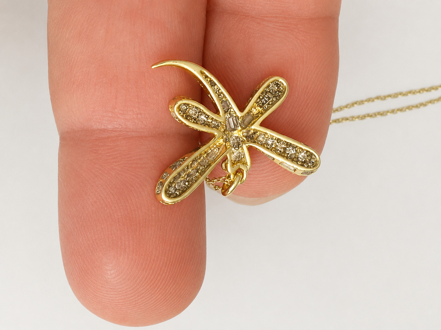 10K YELLOW GOLD DIAMOND 7/10th INCH DRAGONFLY PENDANT NECKLACE 18 INCH
