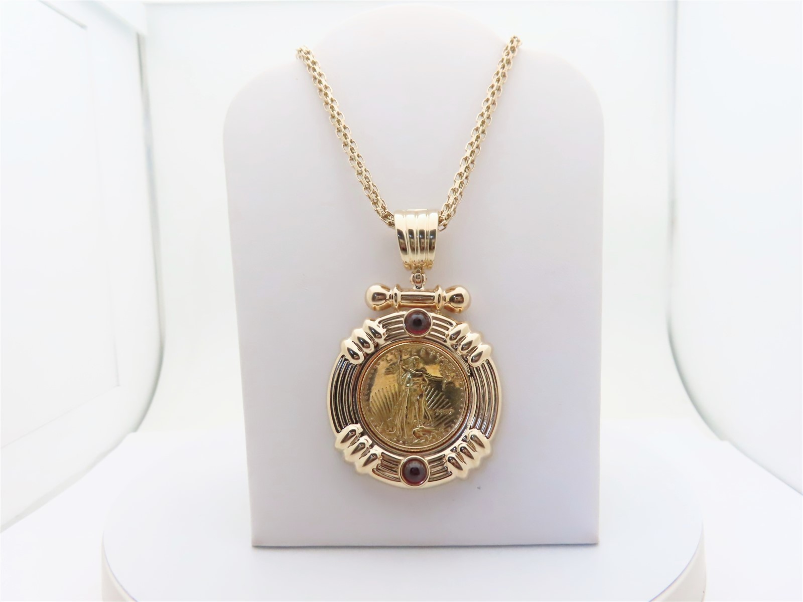 1997 Gold Eagle Coin Bullion Necklace $10 1/4 oz 14k Red Garnet Pendant 23″ N446