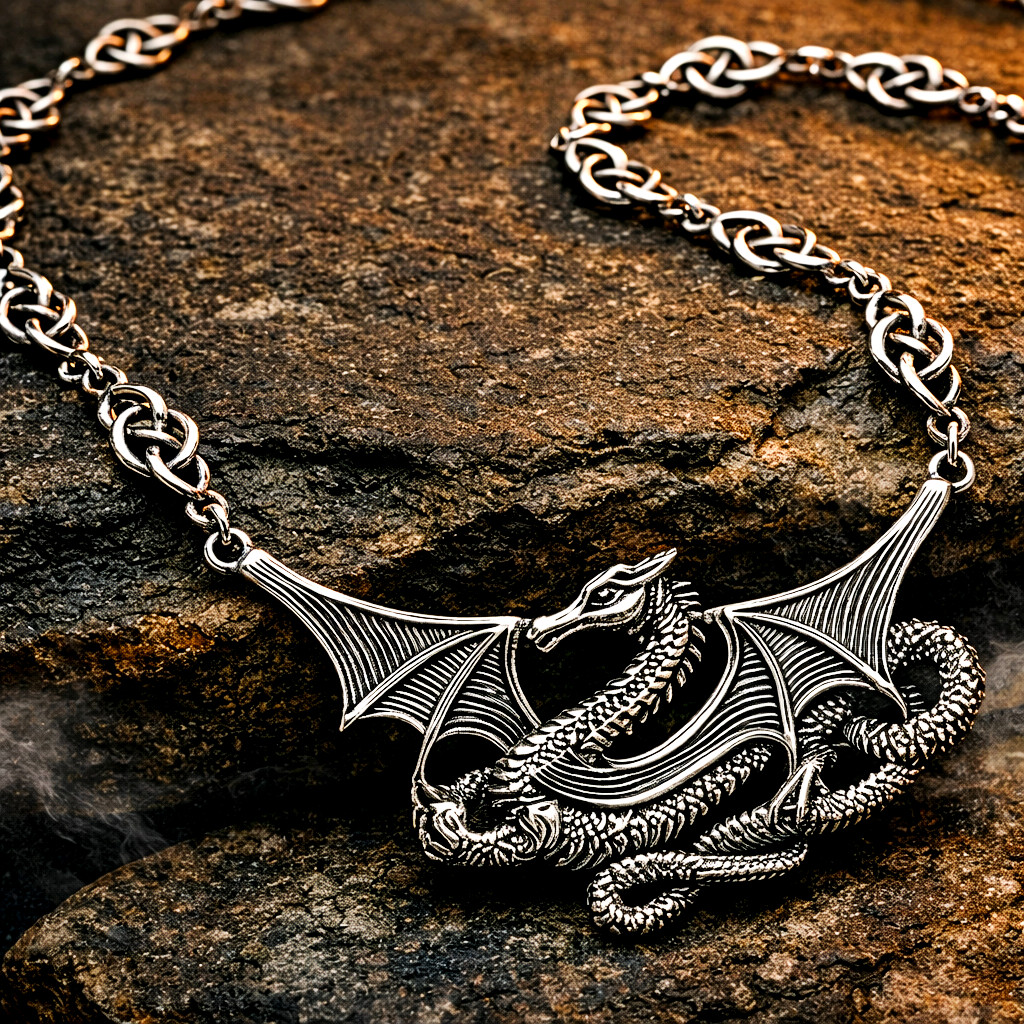 Vintage 925 Sterling Silver Dragon Necklace Custom Celtic Knotwork Chain Heavy