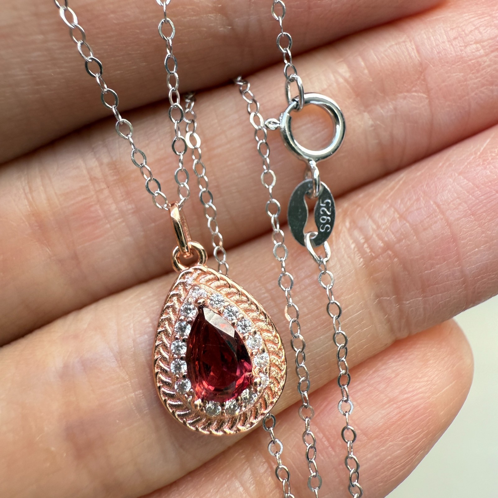 925 Sterling Silver Necklace 6x4mm Natural Garnet Gemstone Zircon Handmade Chain