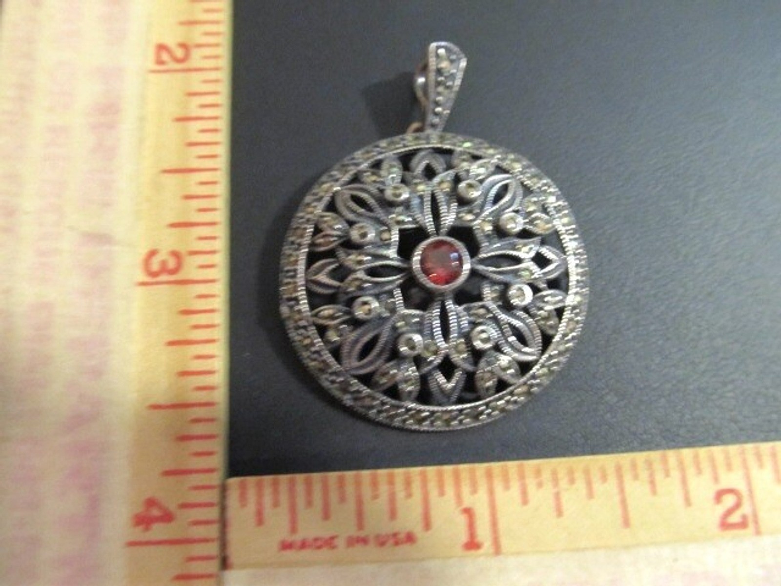 Judith Jack Sterling Silver Round Marcasite & Ruby Stone Center Pendant