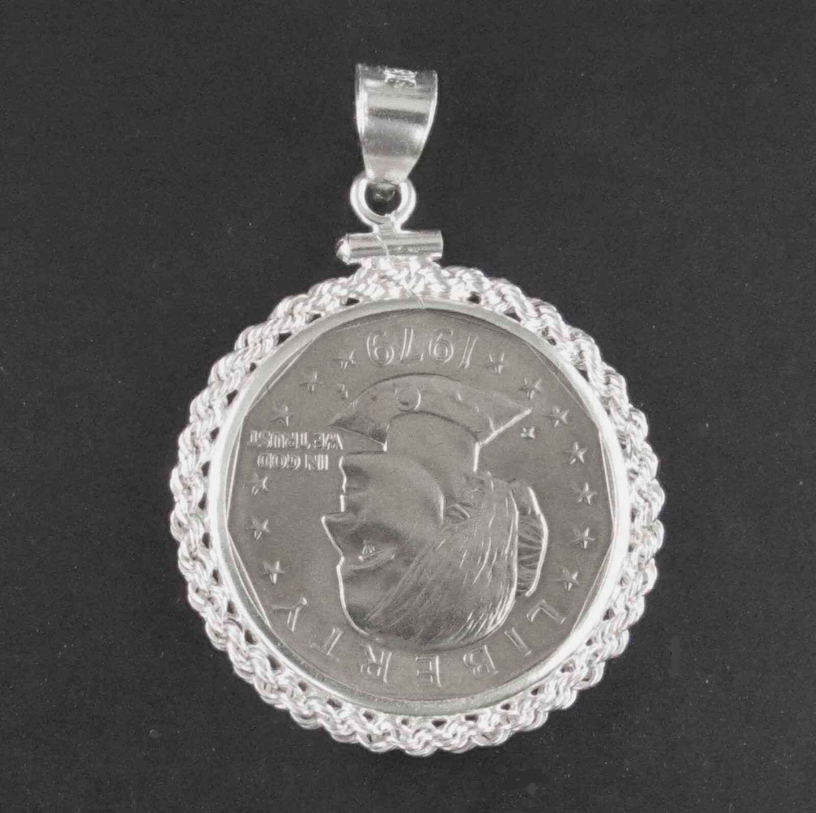 Coin Pendant Susan B. Anthony Eagle Dollar Rope Sterling Silver Soldered Bail