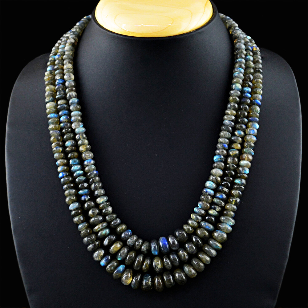 574.00 Cts Earth Mined 3 Strand Labradorite Rondelle Beaded Necklace JK 51KY6