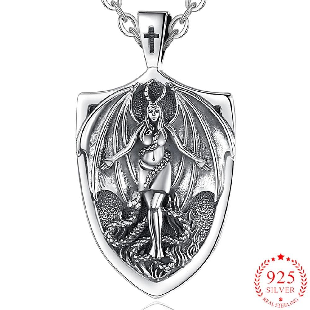 MLD 925 Sterling Silver Lilith Shield Pendant Necklace – Gothic Jewelry