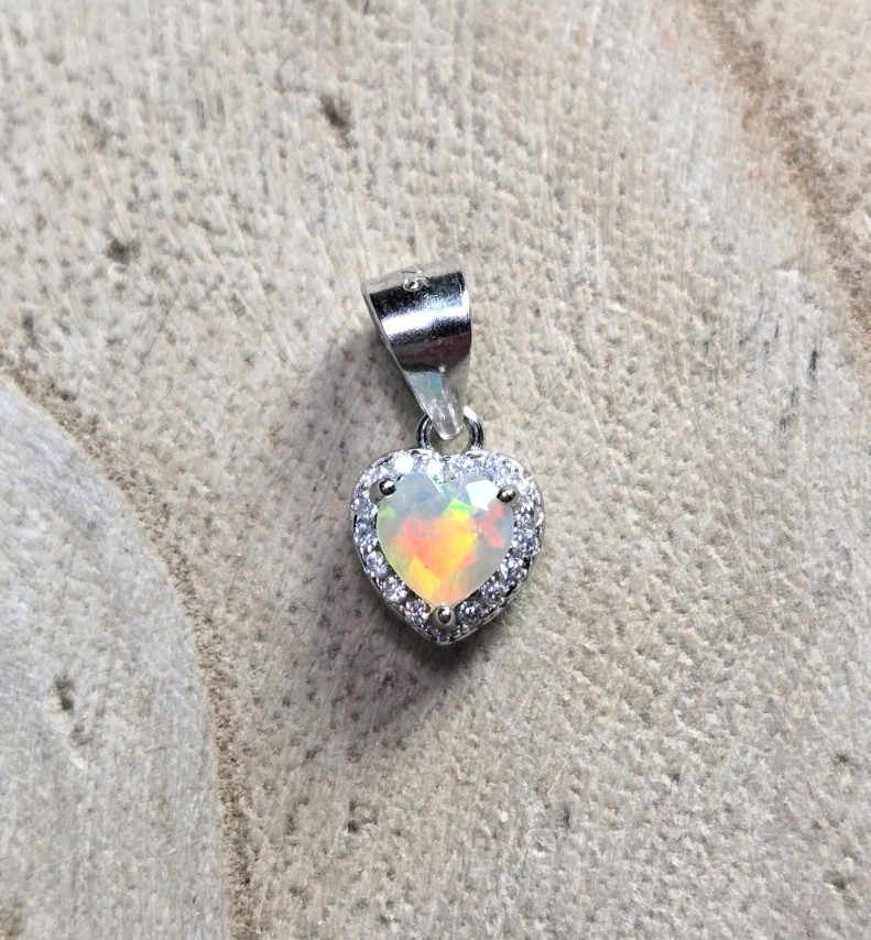 925 Sterling Silver Heart Opal Pendant 5mm White Opal Necklace Charm No Chain J1