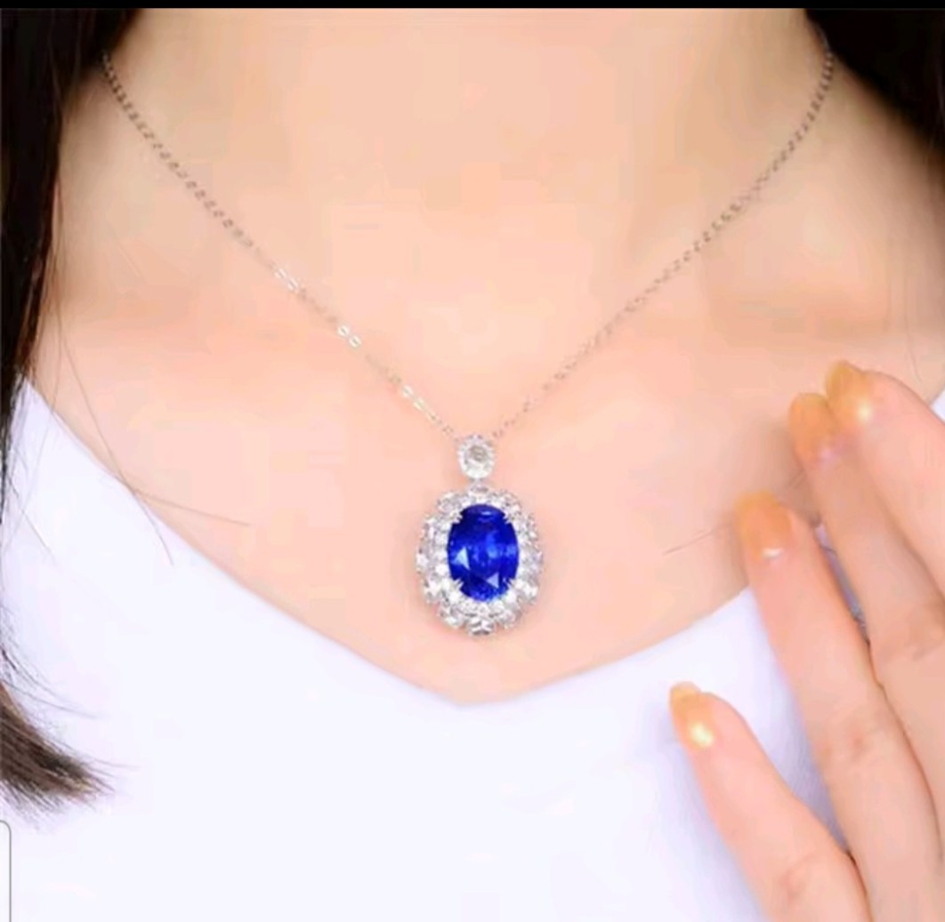 14K Gold NATURAL Blue Sapphire + Platinum Pendant Sterling Silver. PEN200