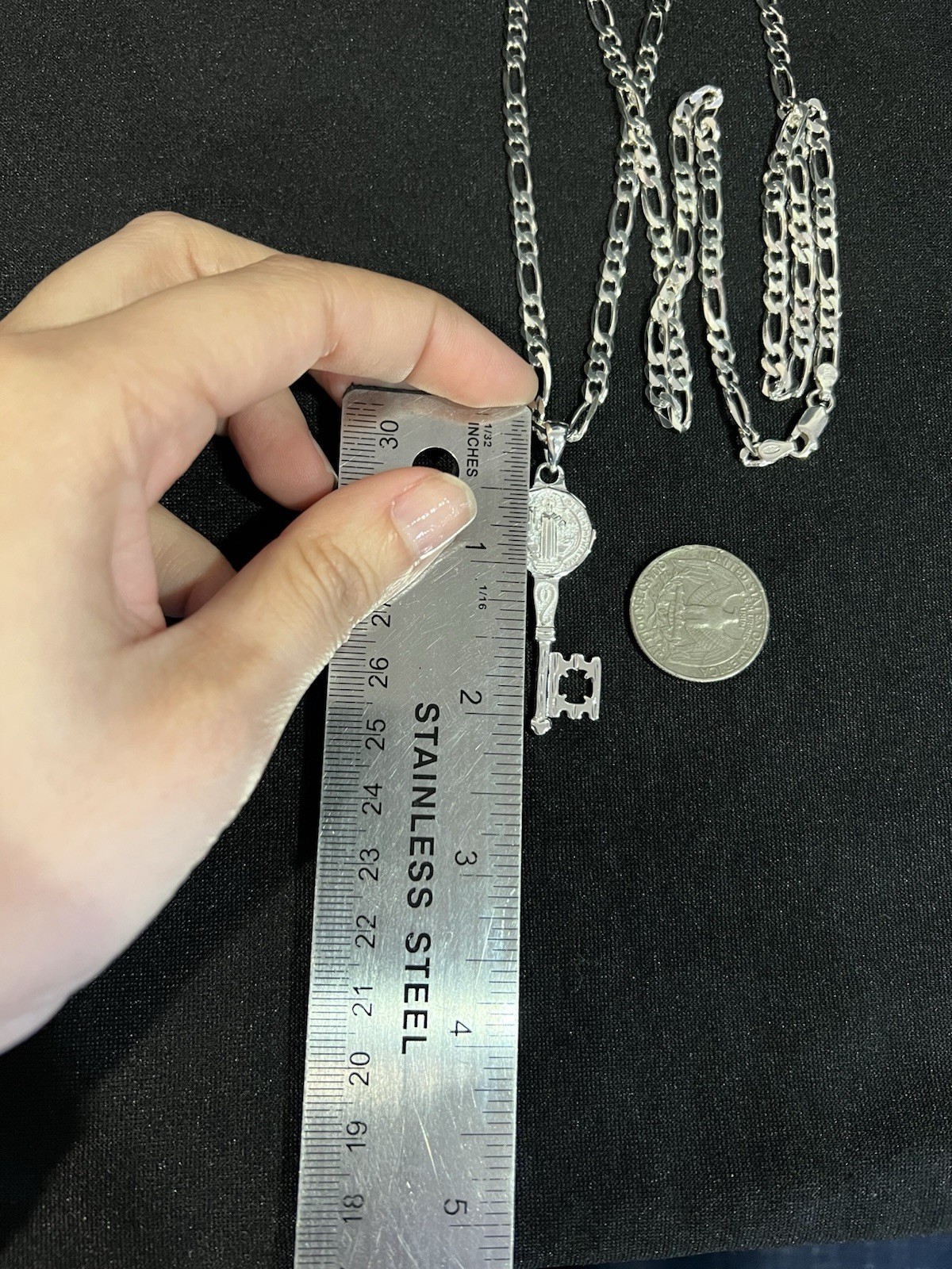925 Sterling Silver Men St Benedict Key San Benito Llave & Figaro Chain 22 26 30