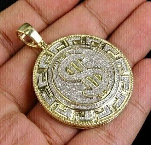 2 Ct Round Cut Real Moissanite Men’s Dollar Pendant 14k Yellow Gold Plated