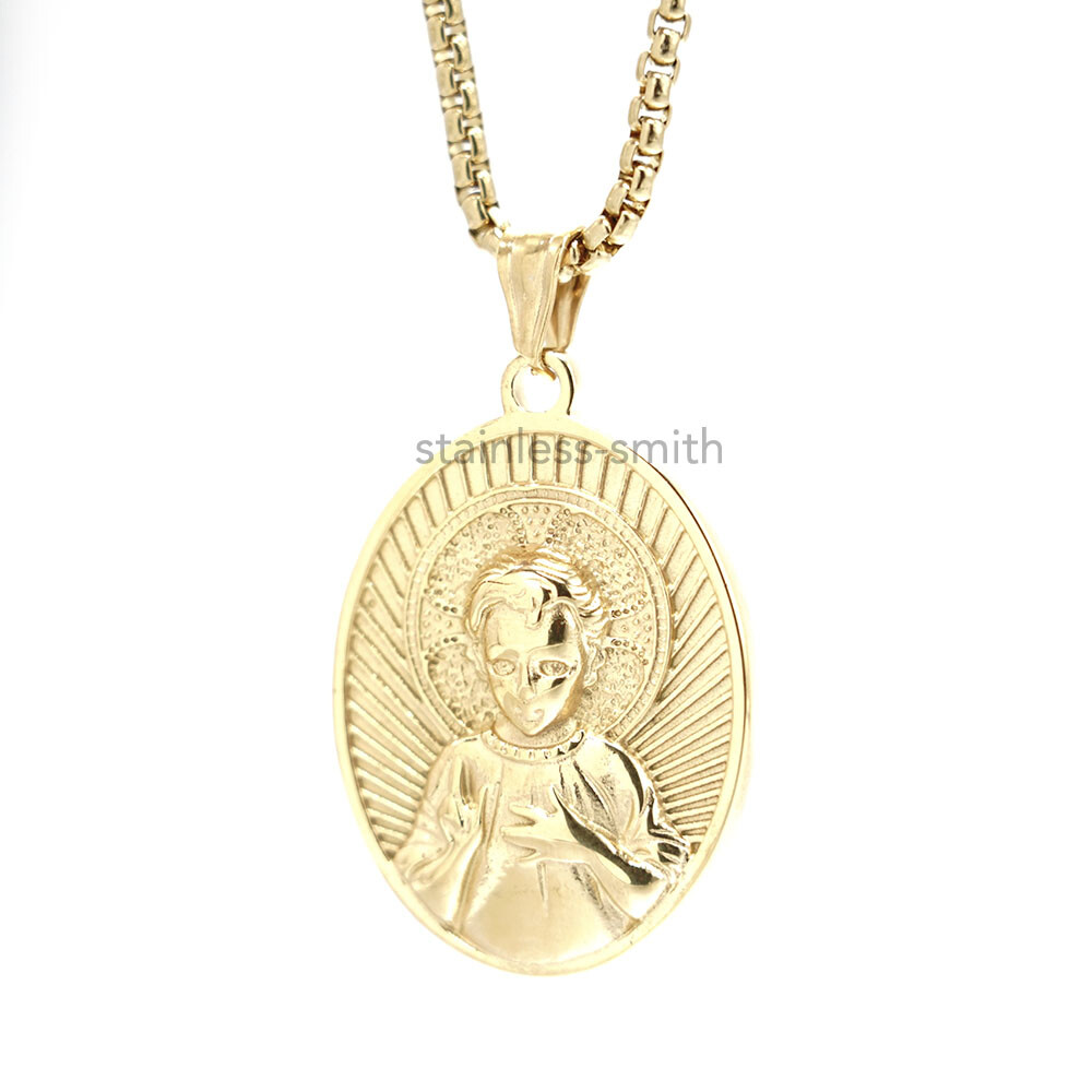 Mens Womens Gold Plated Baby Jesus Medallion Pendant Necklace Stainless Steel