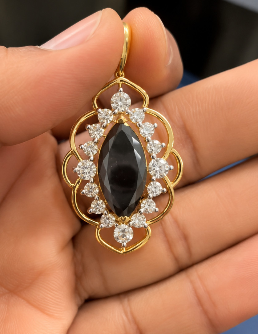 Vintage Style Marquise Cut Black Diamond Beauty Pendant 14K Yellow Gold Plated
