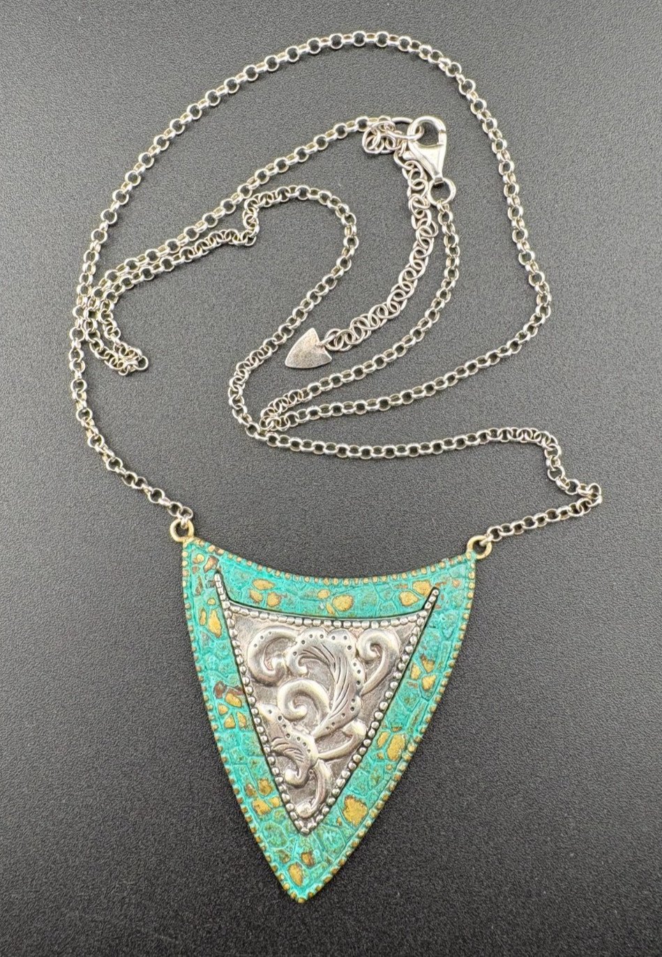 2″ Silpada “Patina Shield” Sterling Silver & Brass Necklace 22″ to 25″ – N3018