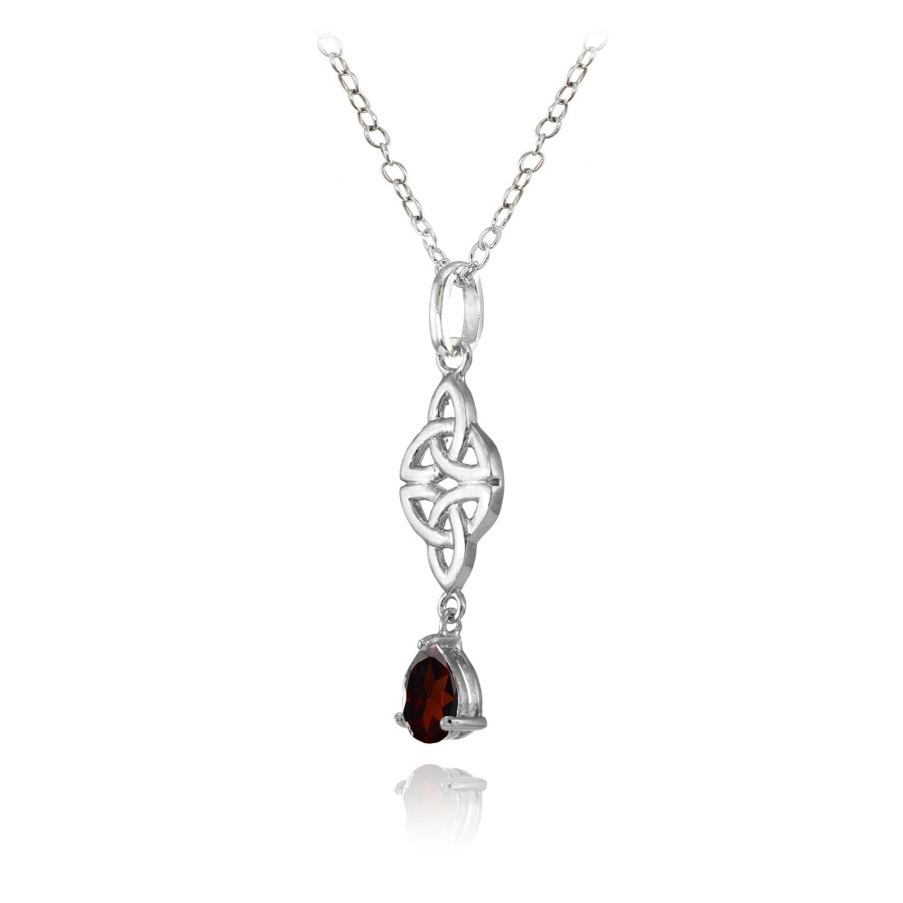 Celtic Trinity Knot Teardrop Garnet Necklace in Sterling Silver