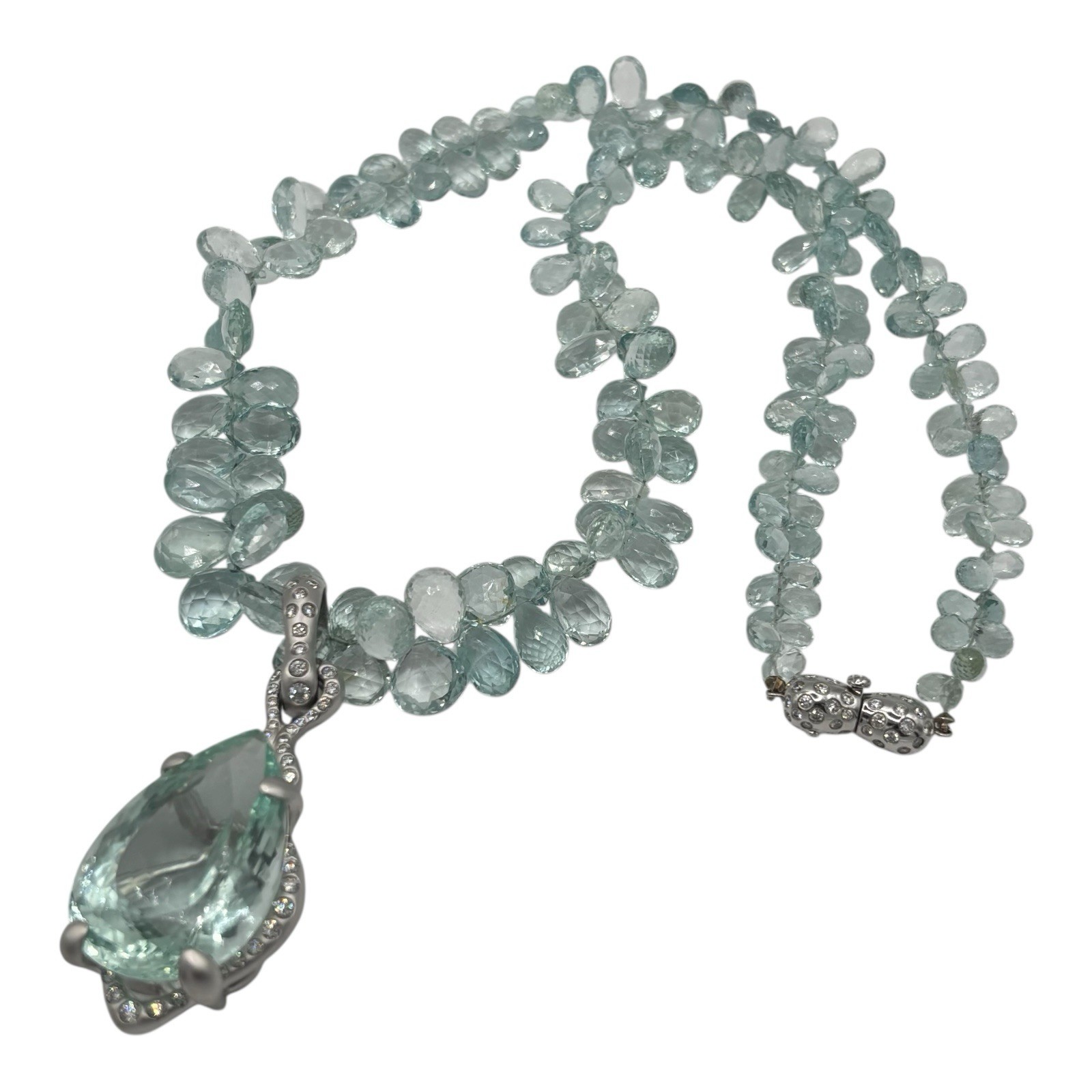 $32K Donald Huber Diamond Satin 18k White Gold Aquamarine Necklace and Pendant