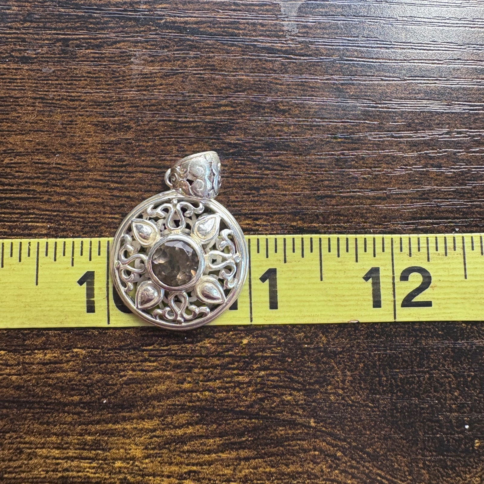Smoky Quartz Scroll Design Circle Pendant 925 Sterling Silver 1.5″ Length