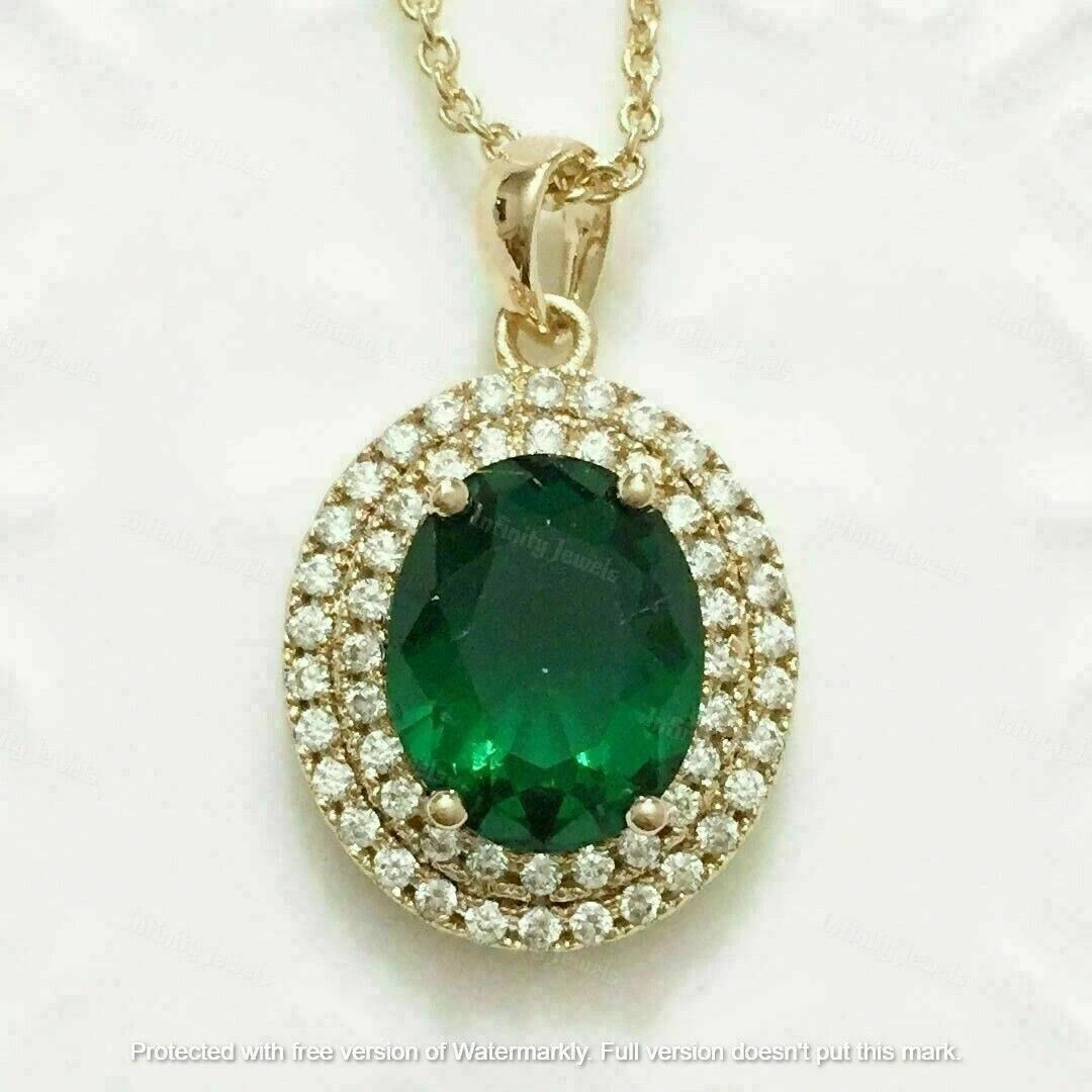 4Ct Oval Cut Green Emerald Diamond Halo Pendant Necklace 14K Yellow Gold Finish