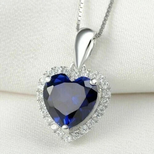 2CT Heart Cut Lab Created Blue Sapphire Diamond Halo Pendant 14K White Gold Pltd