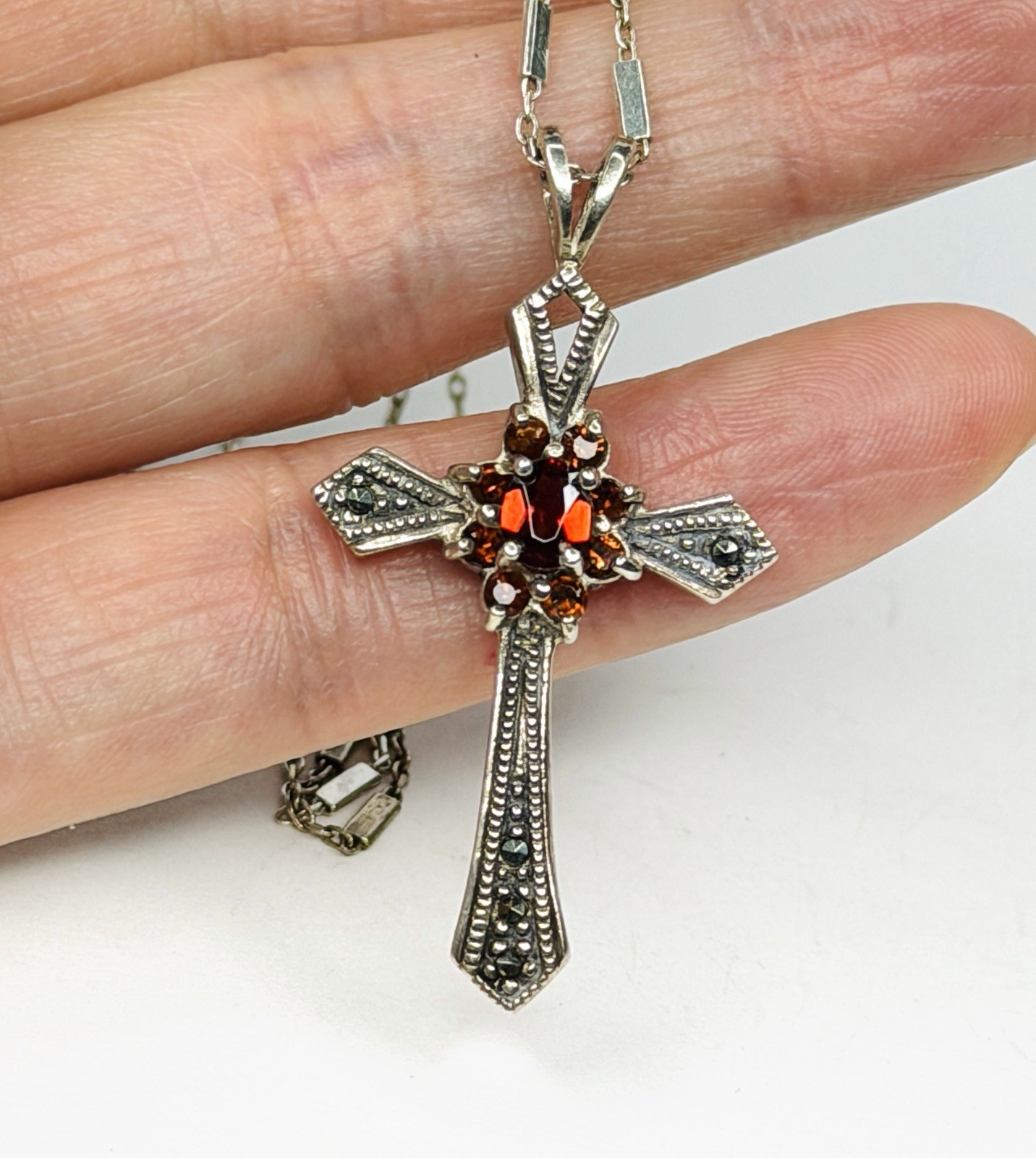 925 Sterling Silver Garnet Marcasite Cross Pendant Unique Italy 925 Necklace 24”