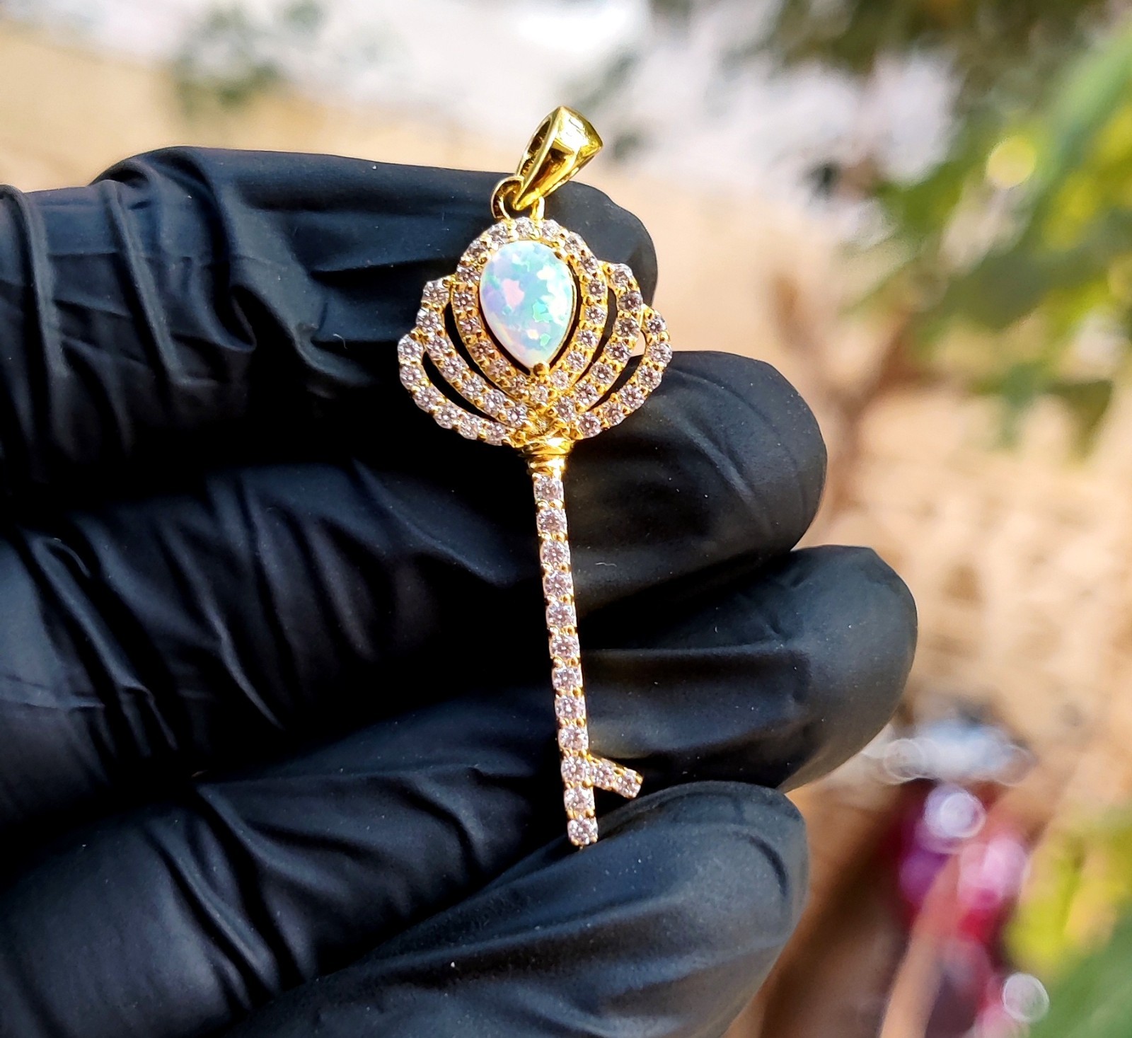 2Ct Pear Cut Lab Created Fire Opal Key Pendant 14K Yellow Gold Plated 925 Silver