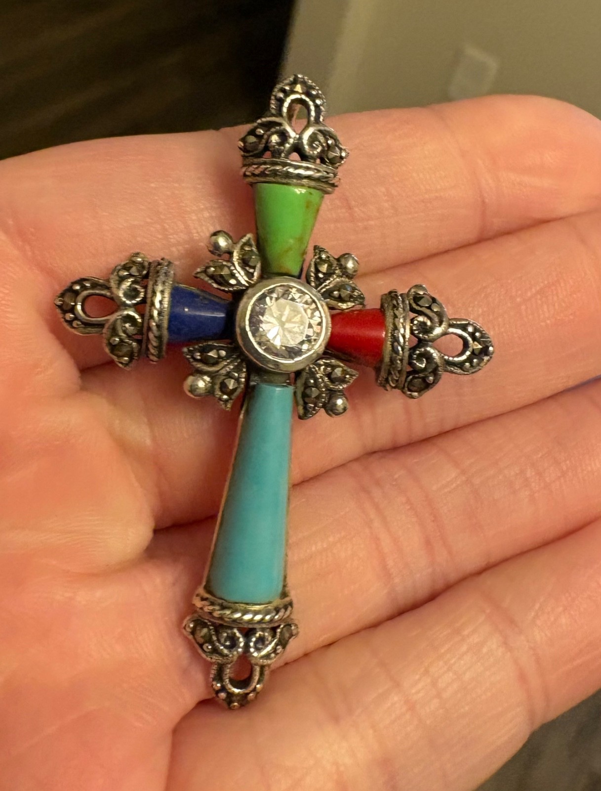 925 Sterling Silver Cross Pendant Turquoise Coral Lapis 2″ 7.16 grams CZ Gemston