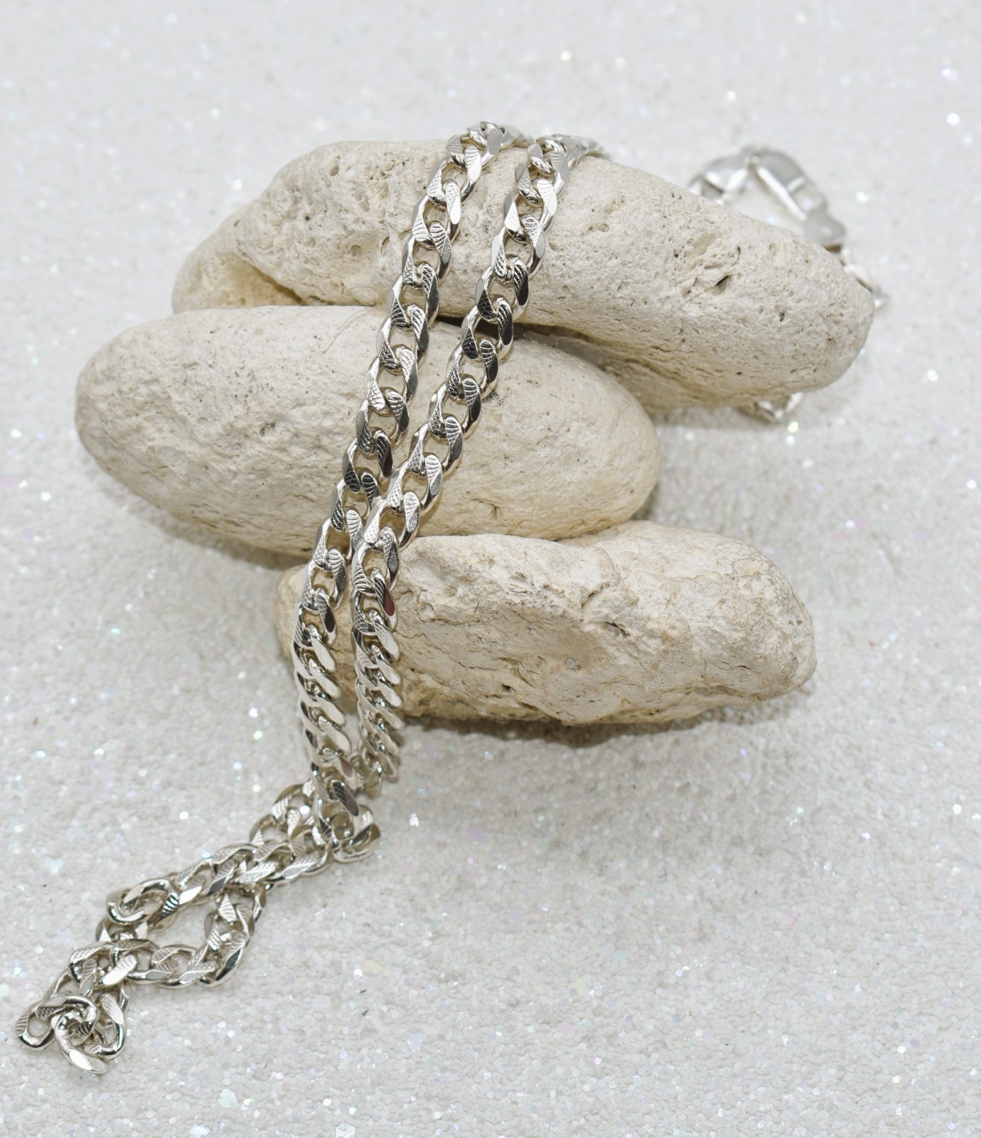 Italian Curb Link 7 mm High-Polish & Textured Sterling Silver Chain 70.5 g 30 in