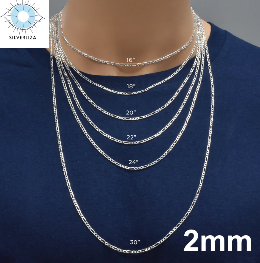 Sterling Silver Men’s Women’s Figaro Solid Chain Bracelet or Necklace 925 Italy