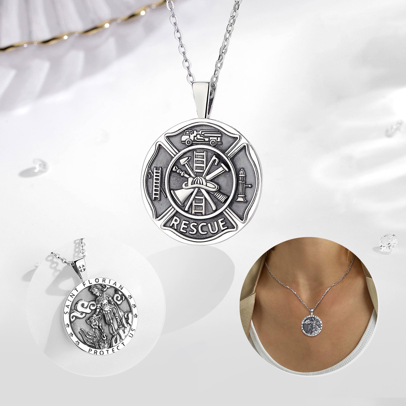 925 Sterling Silver Saint Florian Two-Sided Necklace