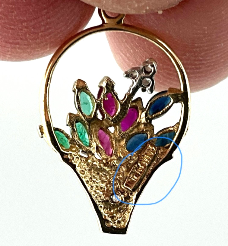 Vintage Minimalist 10k Gold Flower Basket Pendant Ruby Emerald Sapphire Diamond